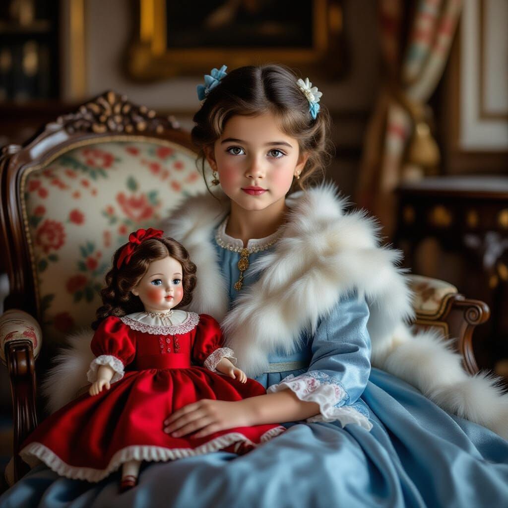Elegant Girl in Blue Dress with Doll in Opulent Chamber