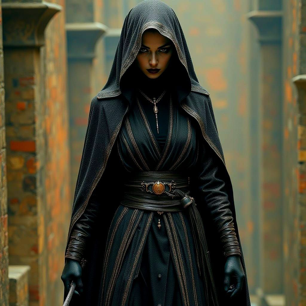 Female Warrior Monk with Laser Sword in Dark Fantasy Art