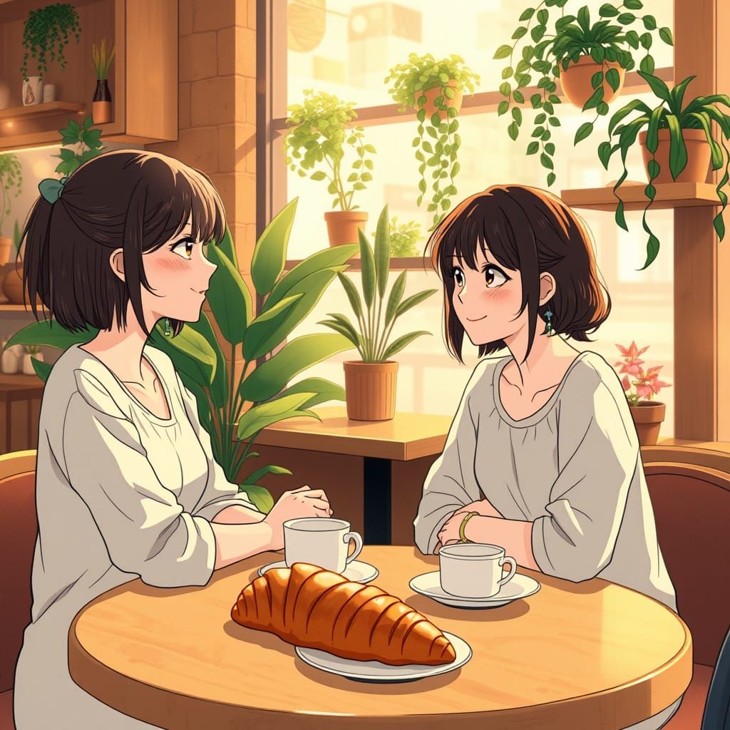 Cozy Coffee Shop Scene with Friends in Anime Style