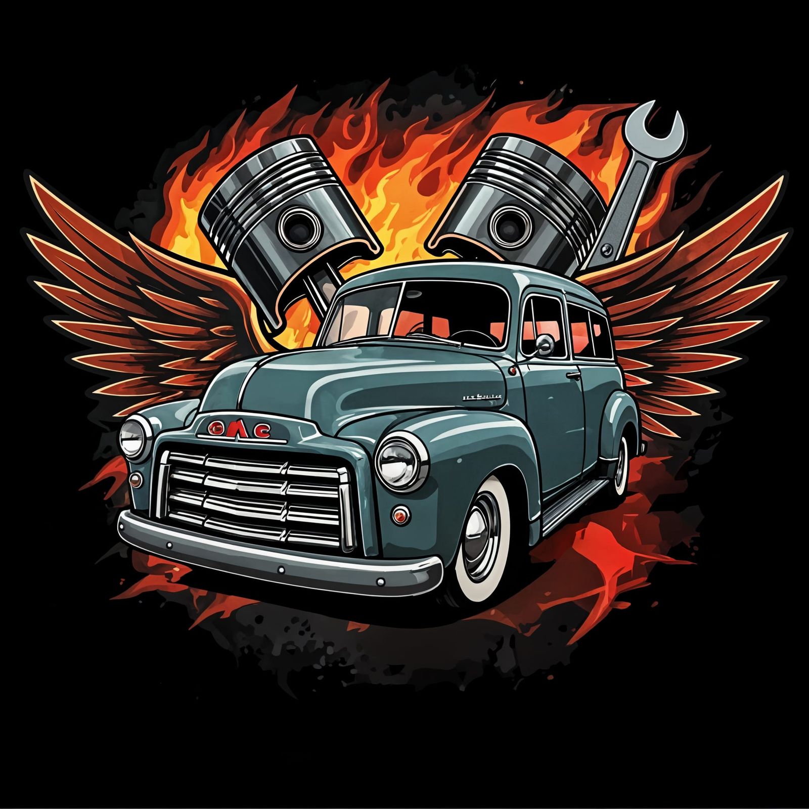 Vintage Auto Repair Logo for Old Gong with GMC Suburban