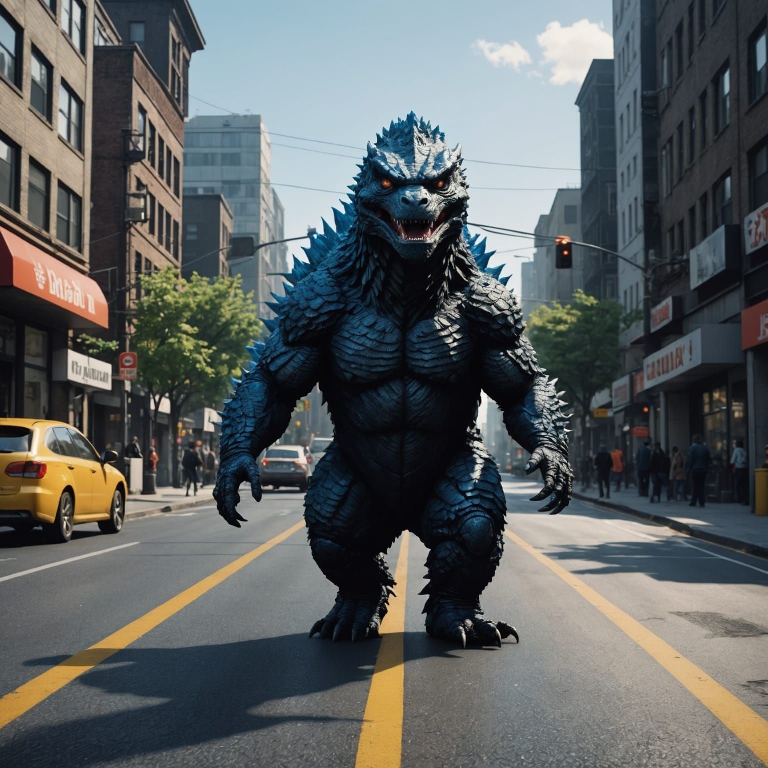 Godzilla Jaywalking: Photorealistic Dashcam View