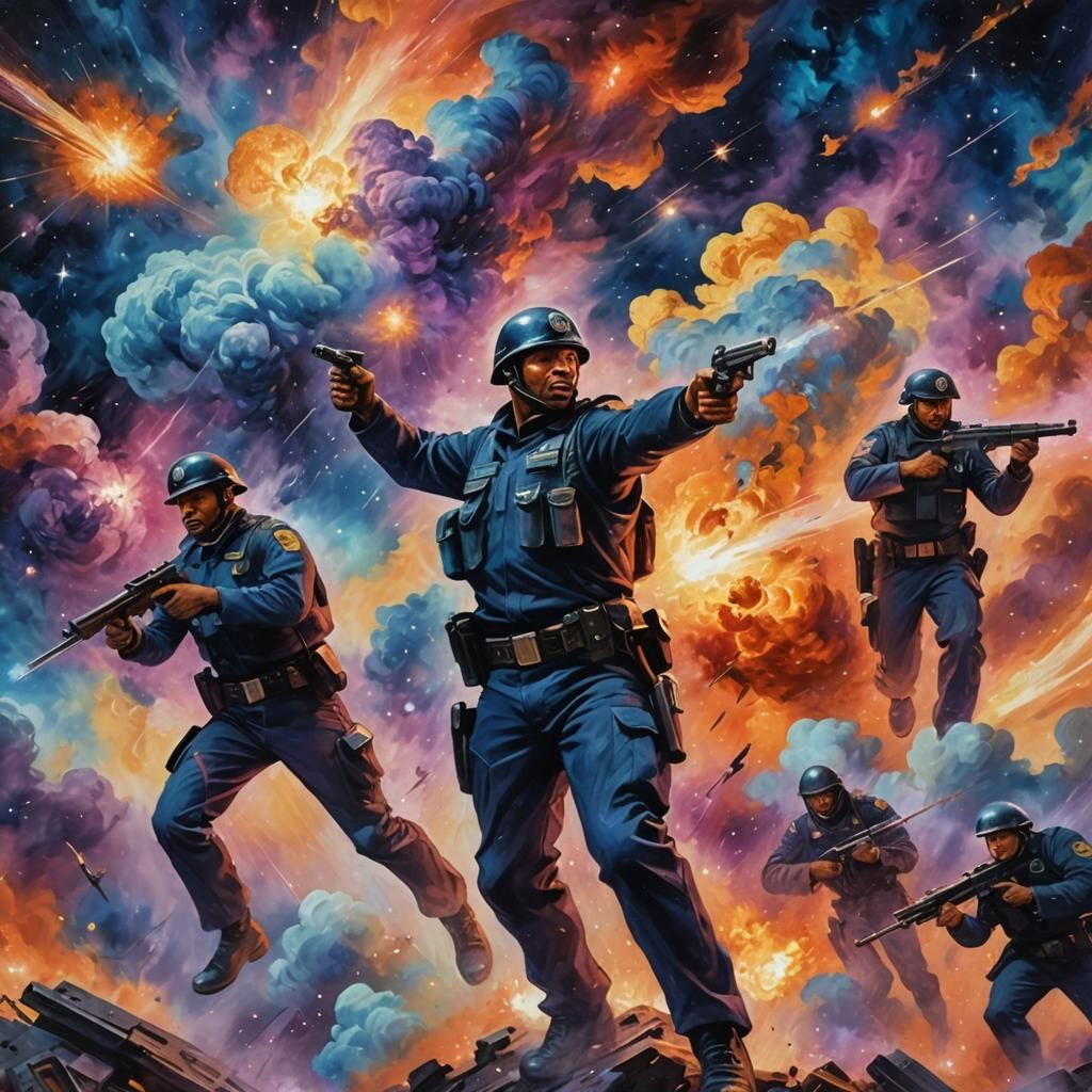 Intergalactic Police Battle in Nebula: Oil Painting