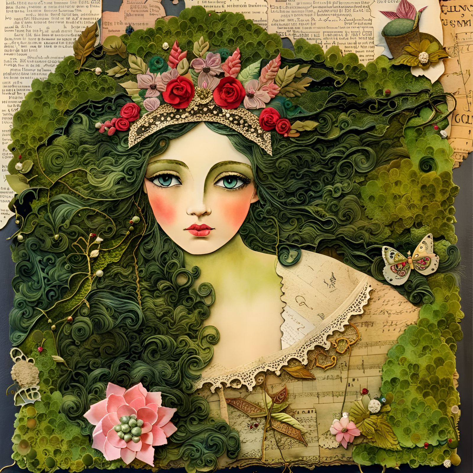 Moss Princess in Mixed-Media Collage Illustration