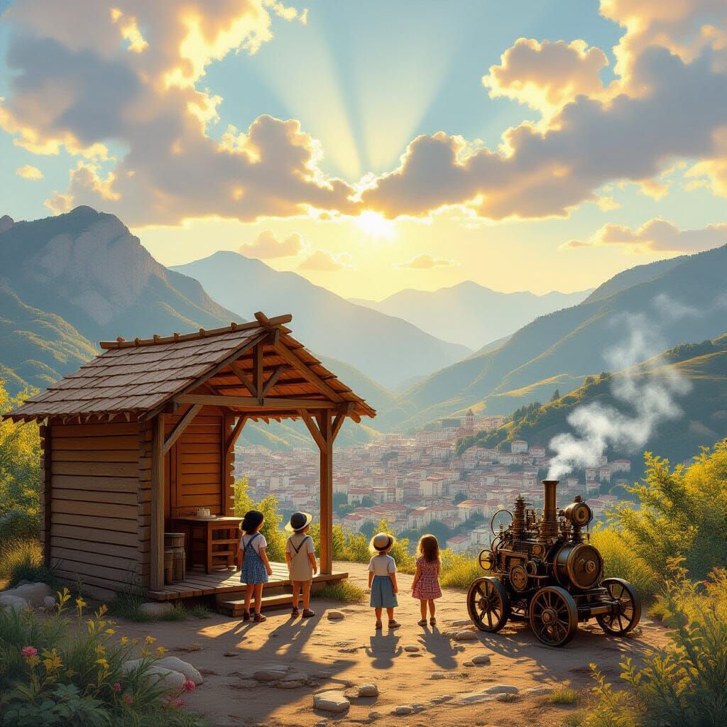 Jewish Children Play by Sukkah Amidst Mountains and Cityscap...