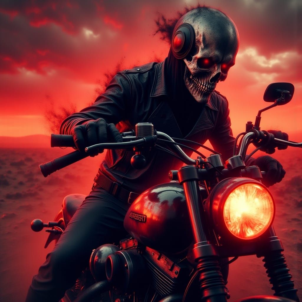 Skull Rider on Desert Highway at Sunset