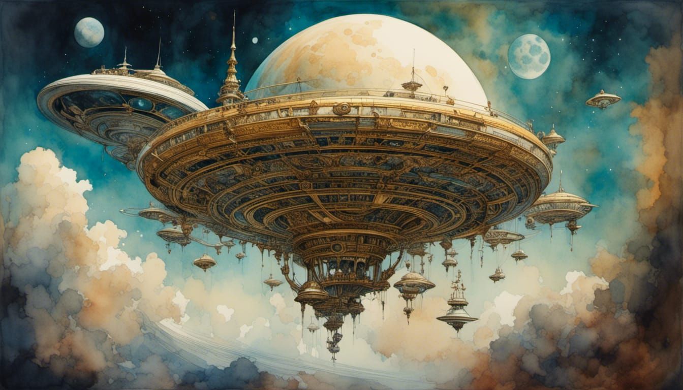 Space Yacht Over Saturn in Watercolor Style