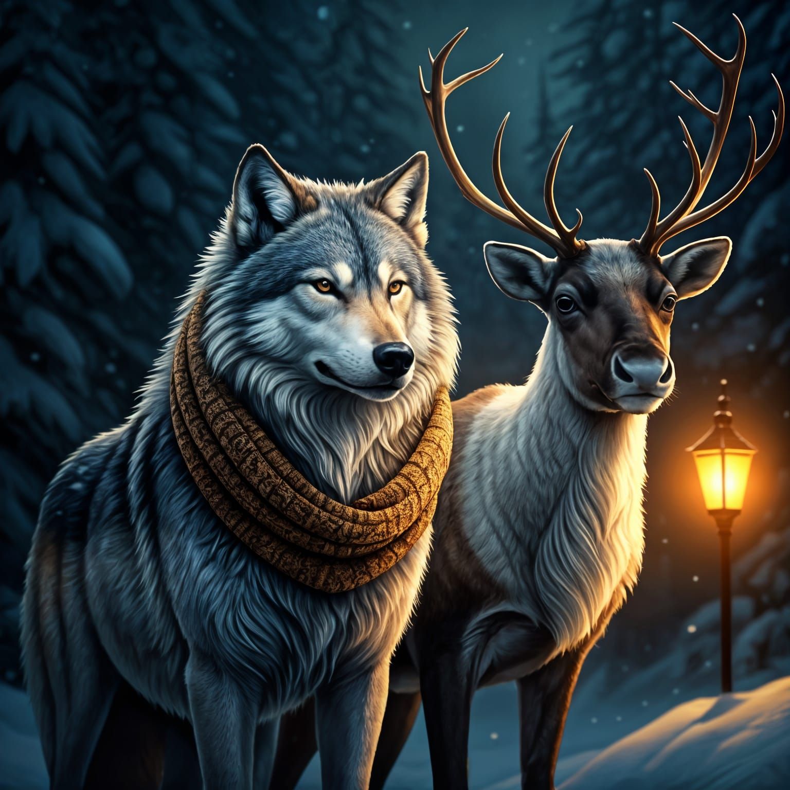 Wolf and Reindeer in Alaska, Romantic Style