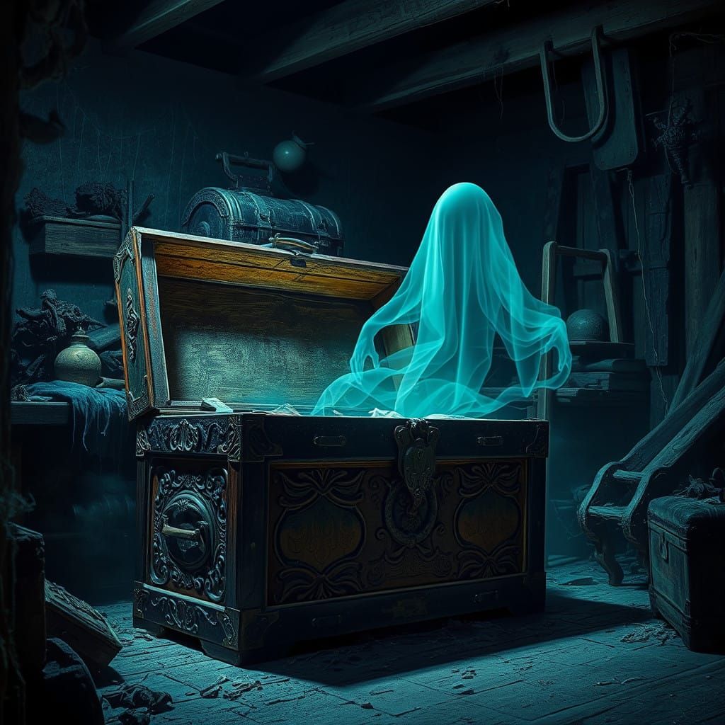 Ethereal Ghost Emerges from a Creepy Wooden Chest in a Haunt...