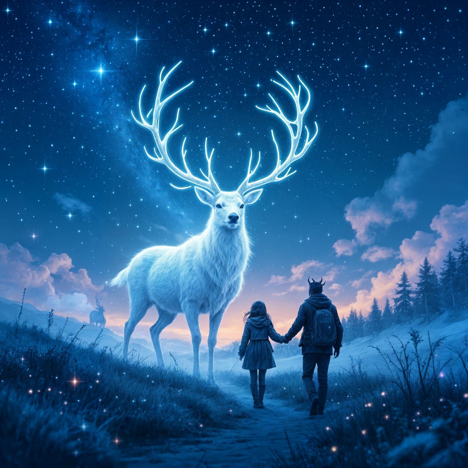 Ethereal Deer Guides Travelers Through Starry Sky