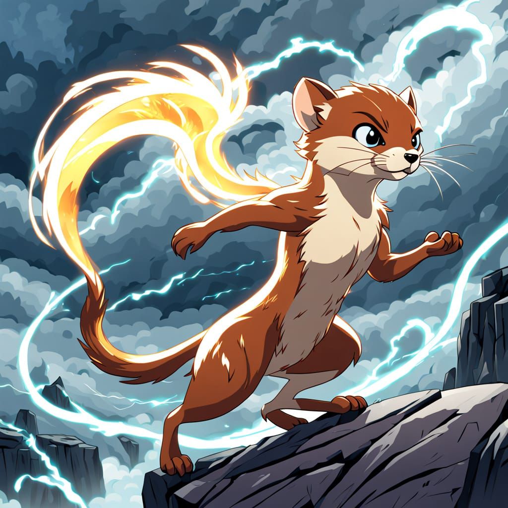 An anime-style Weasel standing heroically on a windy cliffside, its fur flowing in the breeze. It holds a sleek, glowing...