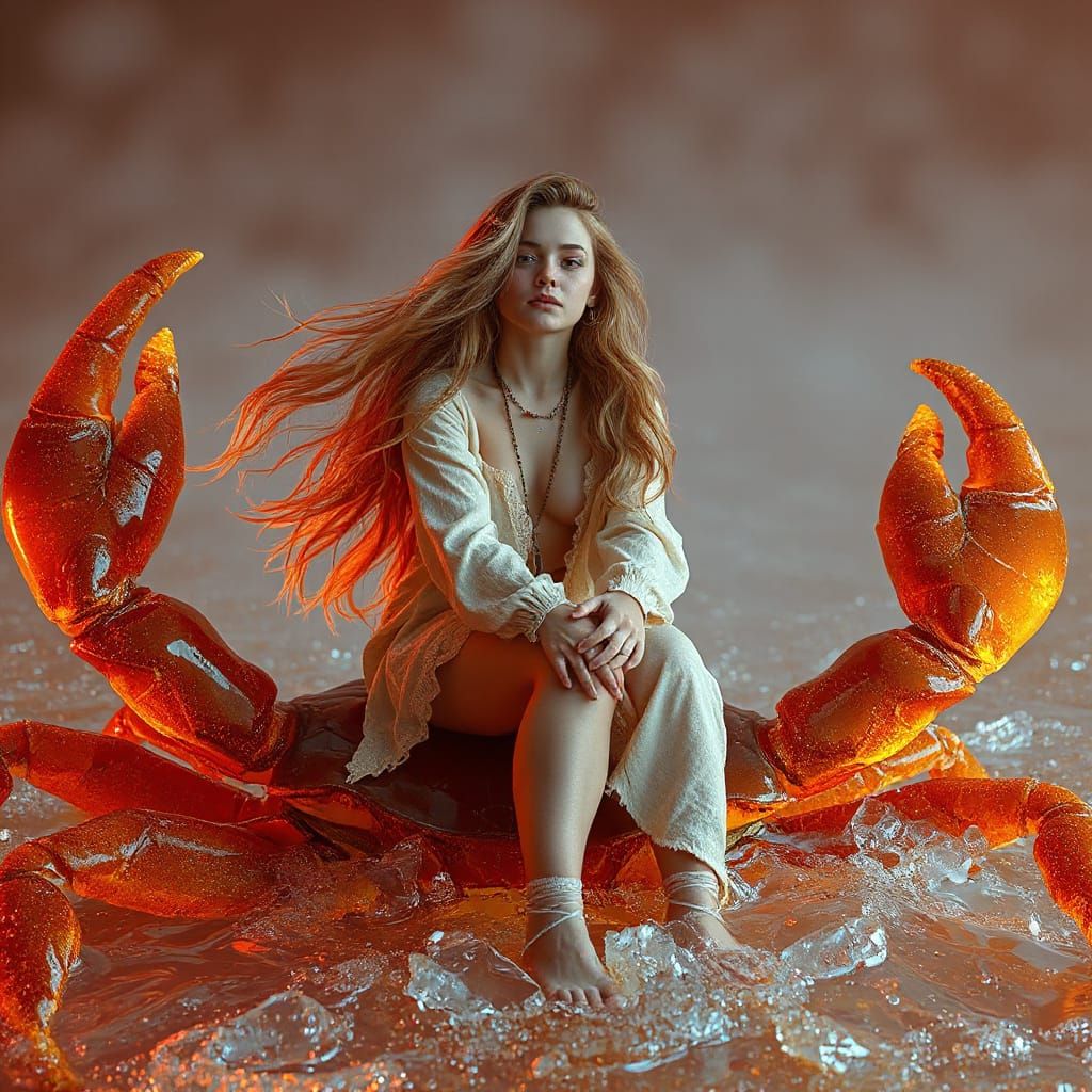 Woman on Gummy Crab in Effervescent Soda Sea
