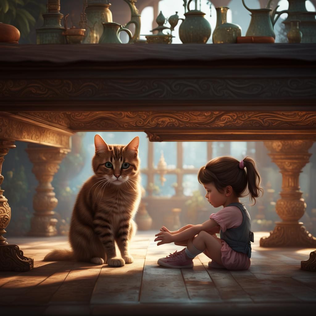 Girl Hides with Cat: Fantasy Concept Art