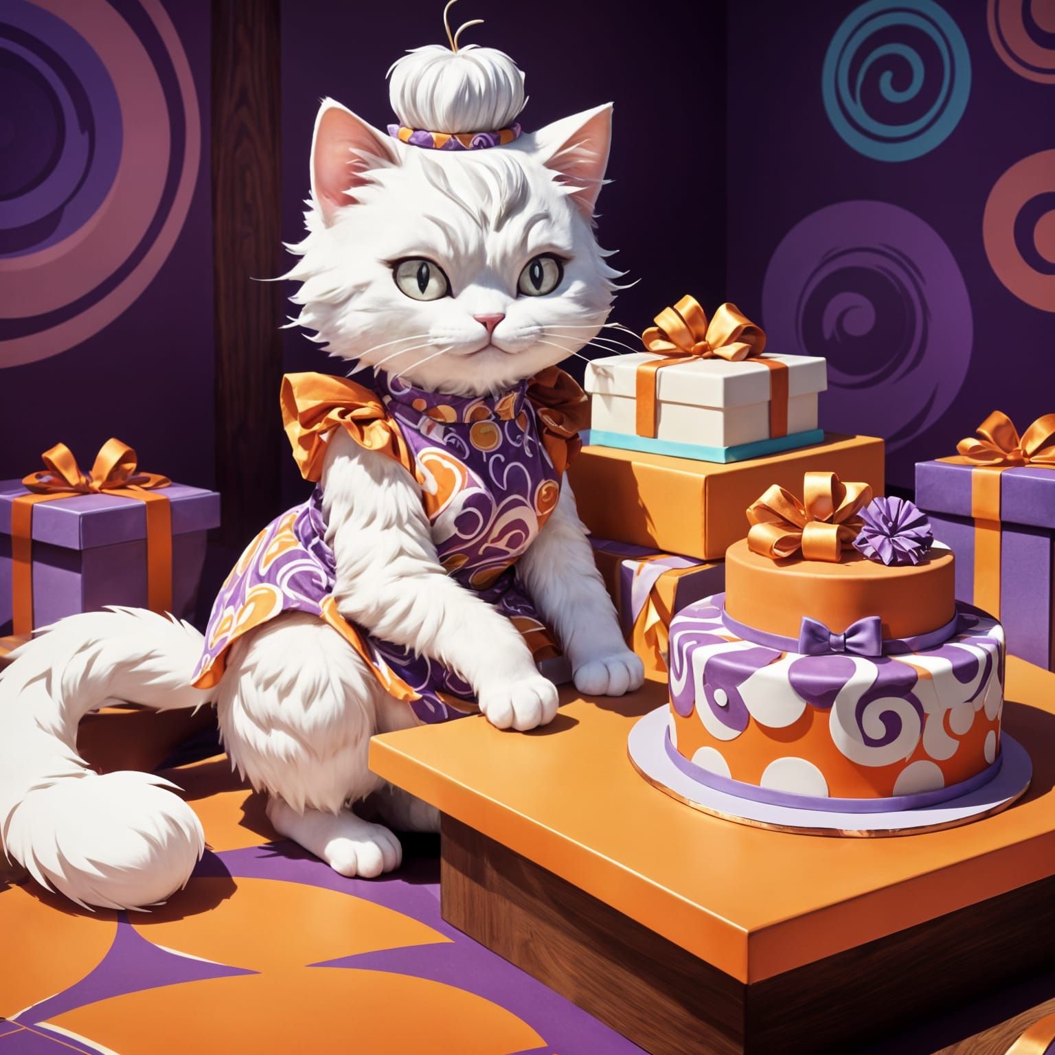 Fancy Kitten Girl Celebrates Birthday in Retro Style