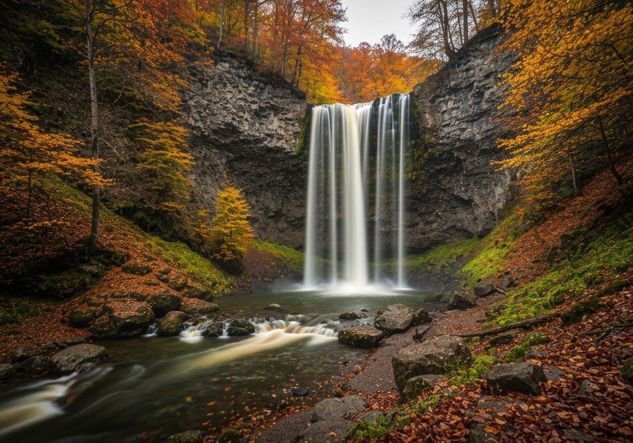 Autumn Harvest Waterfall in Forest