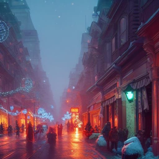 Festive Christmas Street Scene in Hyperdetailed Concept Art