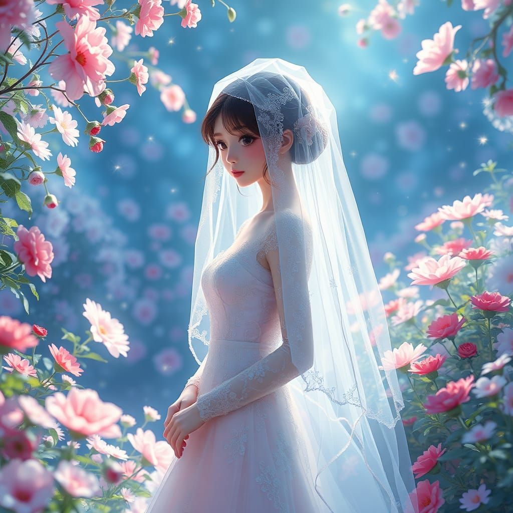 Ethereal Anime Bride in Surreal Garden