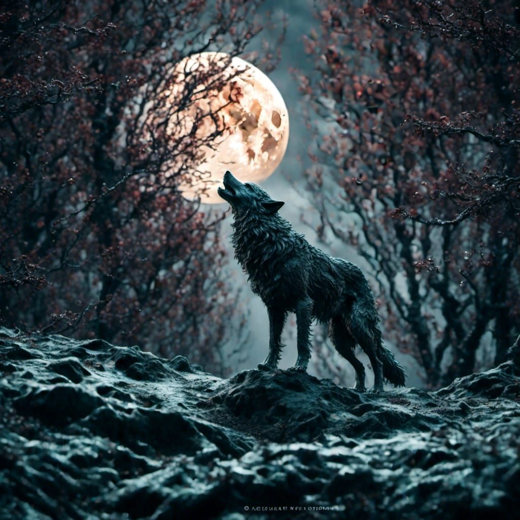 Wolf Howling at Moon in Digital Illustration