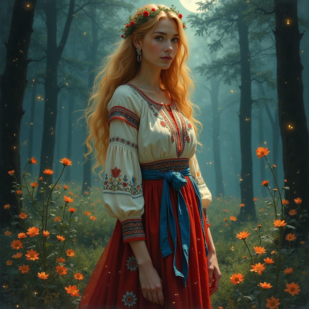 Ethereal Romanian Beauty in Moonlit Forest