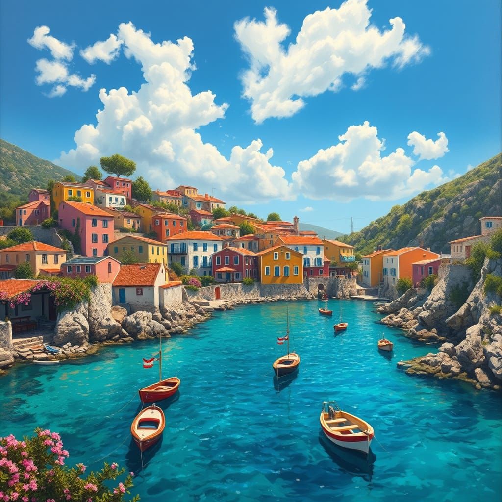 Greek Village Scene in Vibrant Colors and Whimsical Details