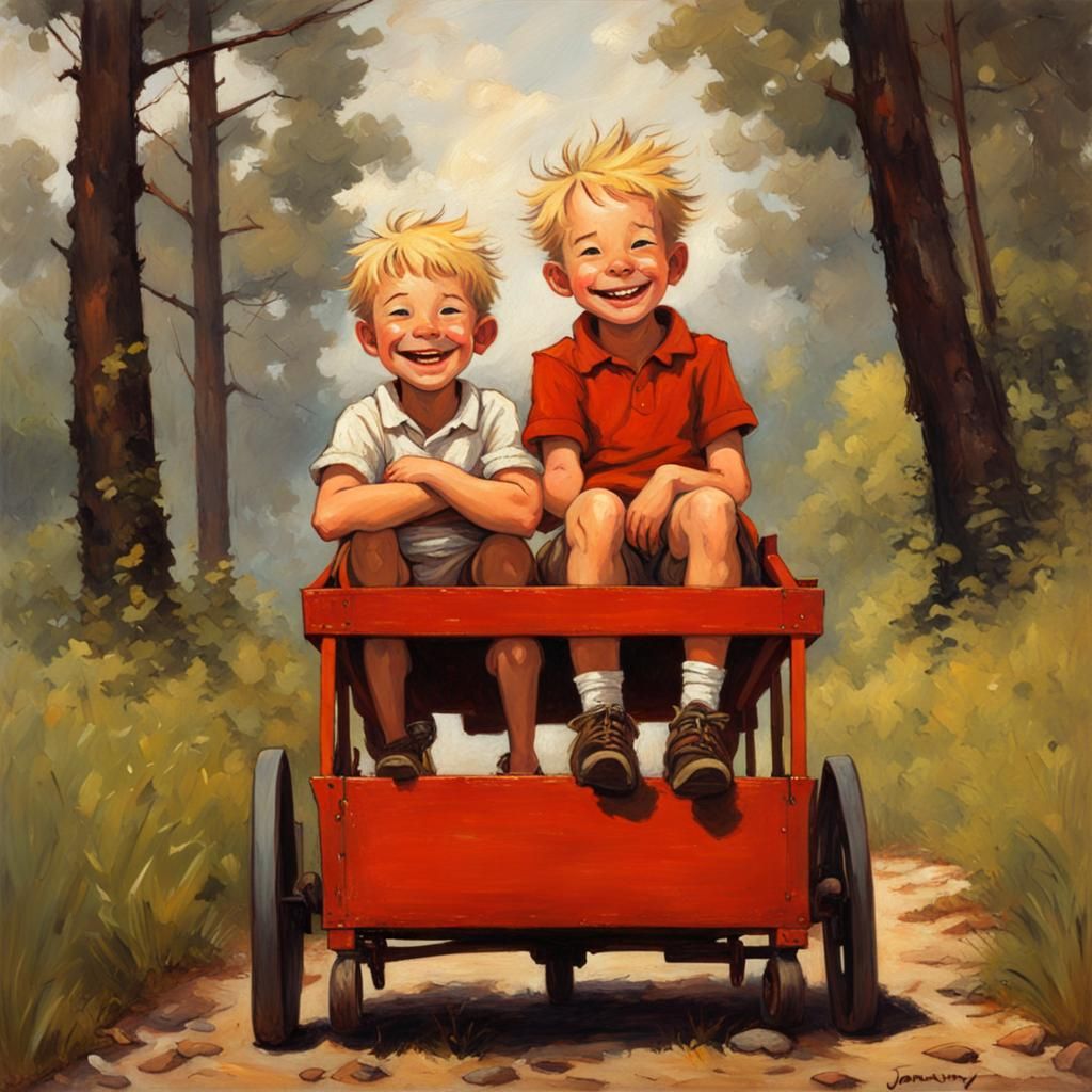 Calvin and Hobbes' Wagon Adventure, Oil Painting