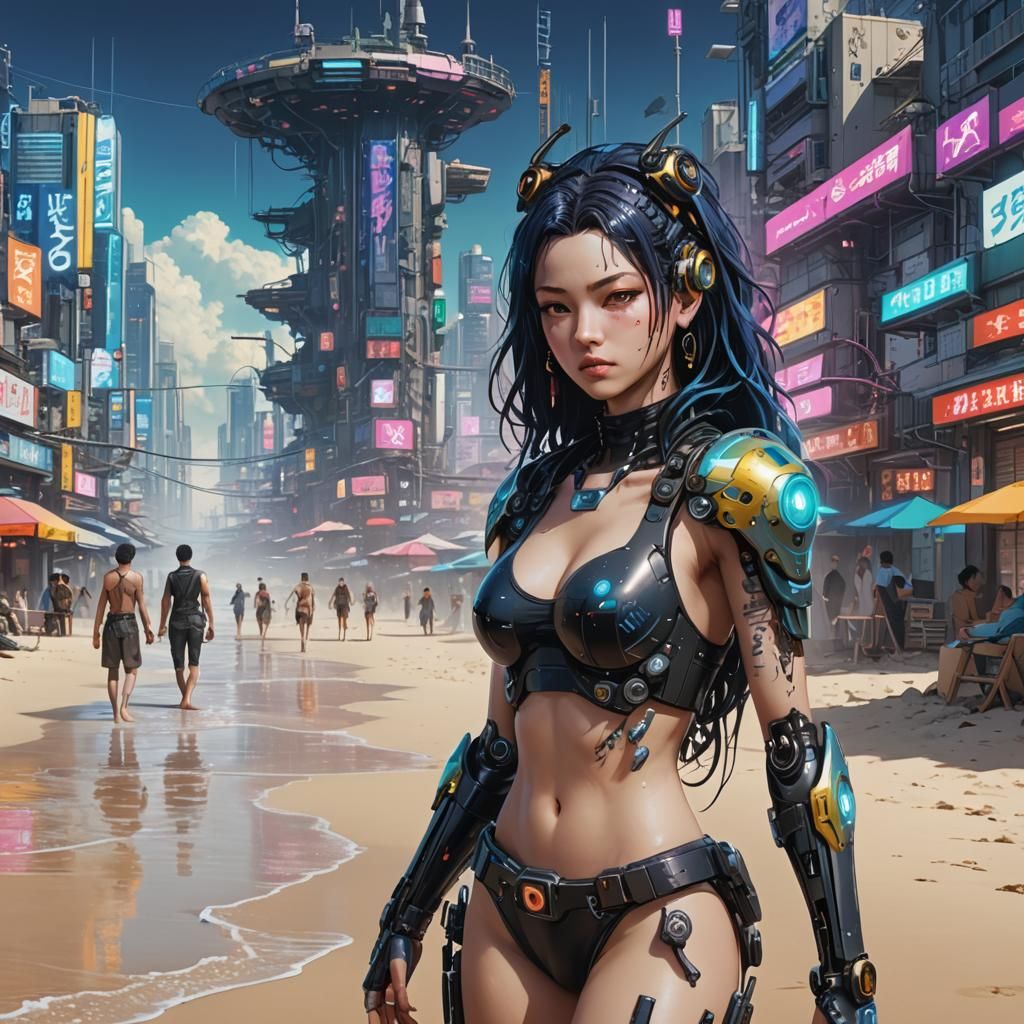 Cyberpunk Witch on a Virtual Beach
