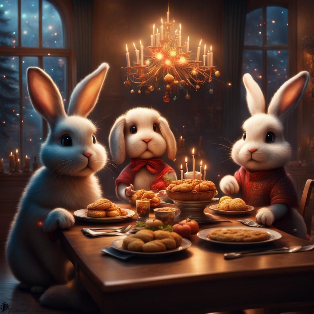 Festive Bunny Family Celebration with Fireworks