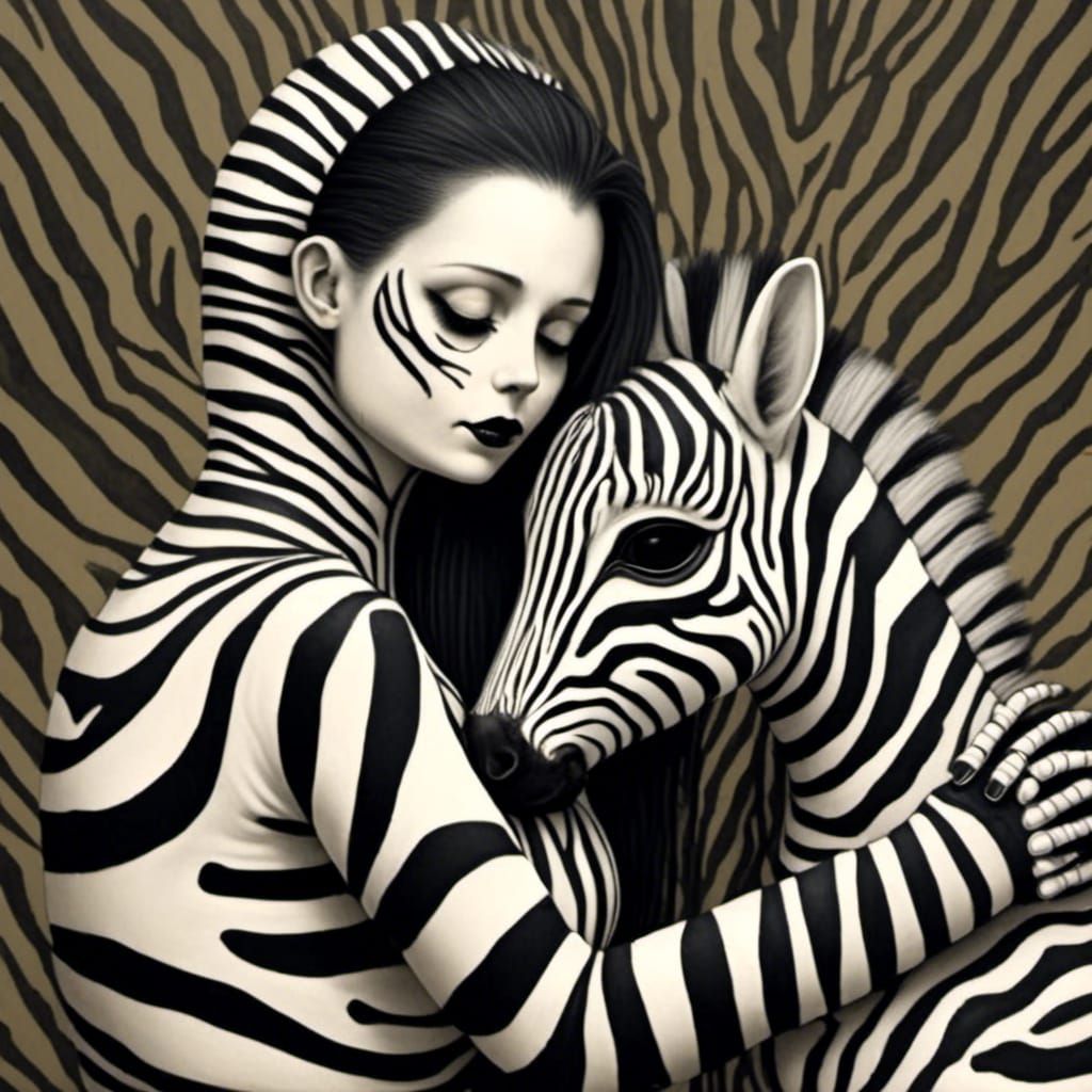 Zebra-Punk Skeleton Woman Hugging Zebra Foal