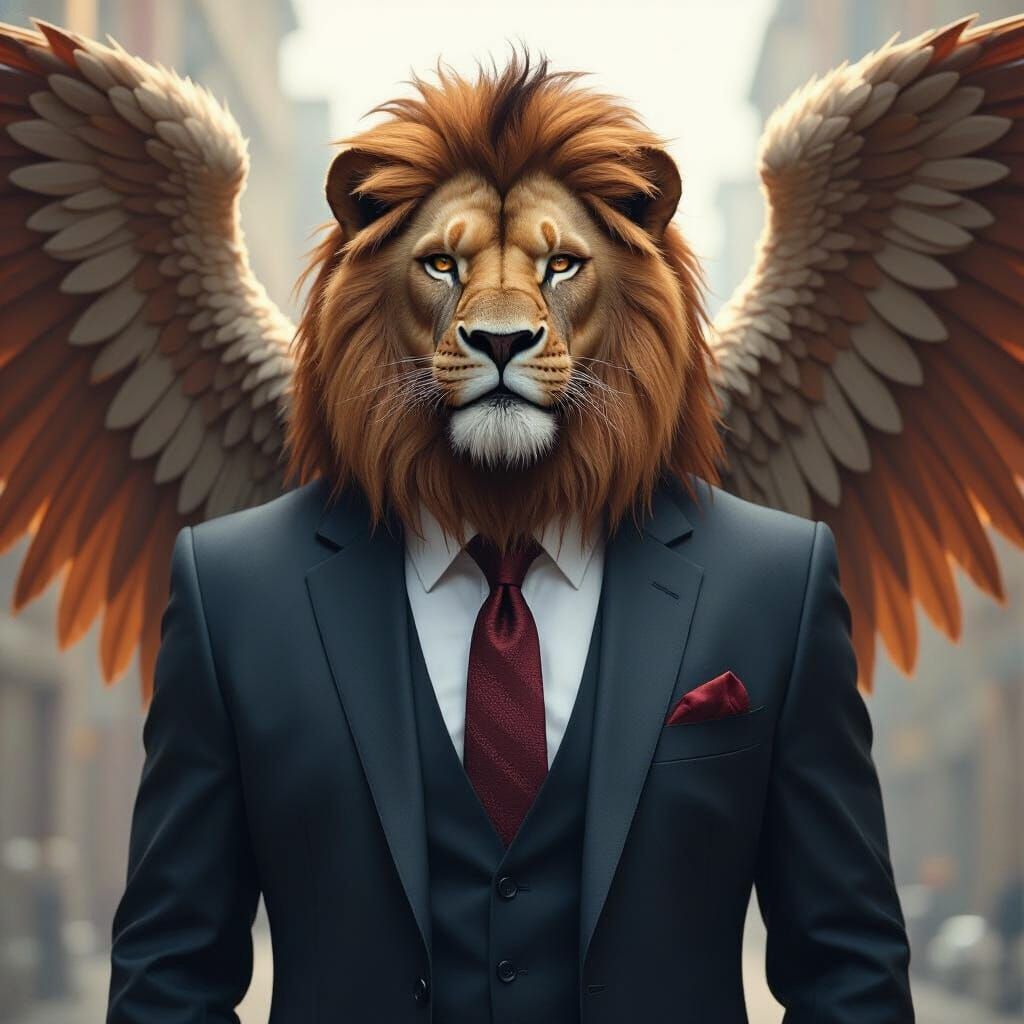Lion-Headed Man in Suit with Wings