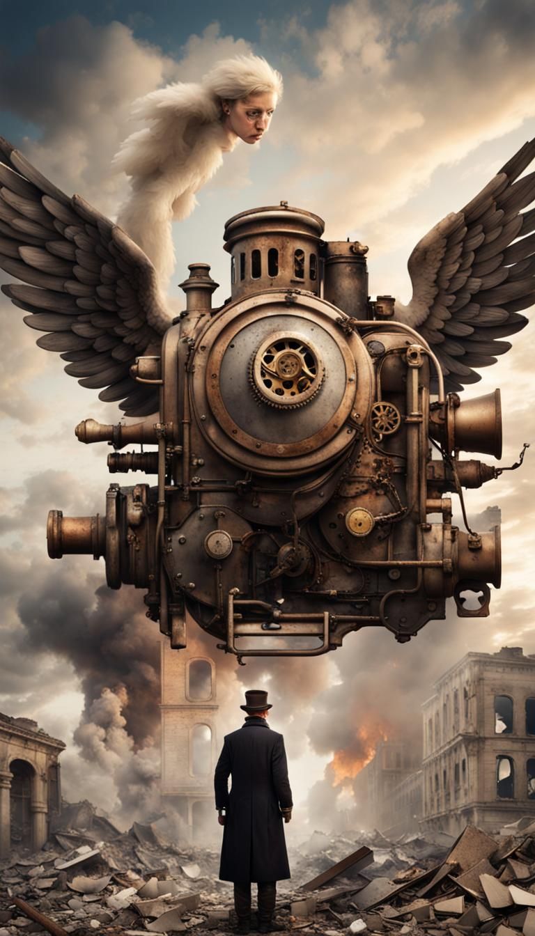 Steampunk Angel Over Devastated Cityscape
