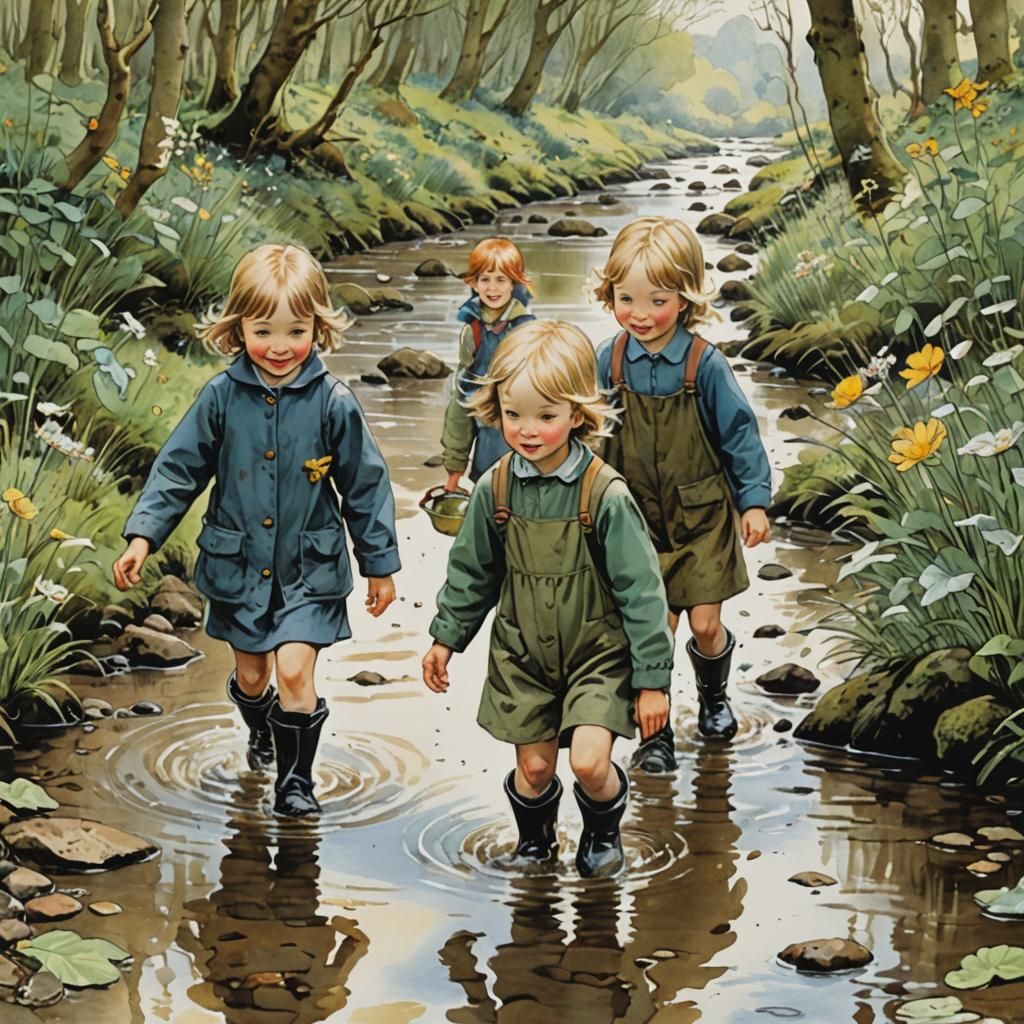 Children Wading in Stream, Illustrated Style