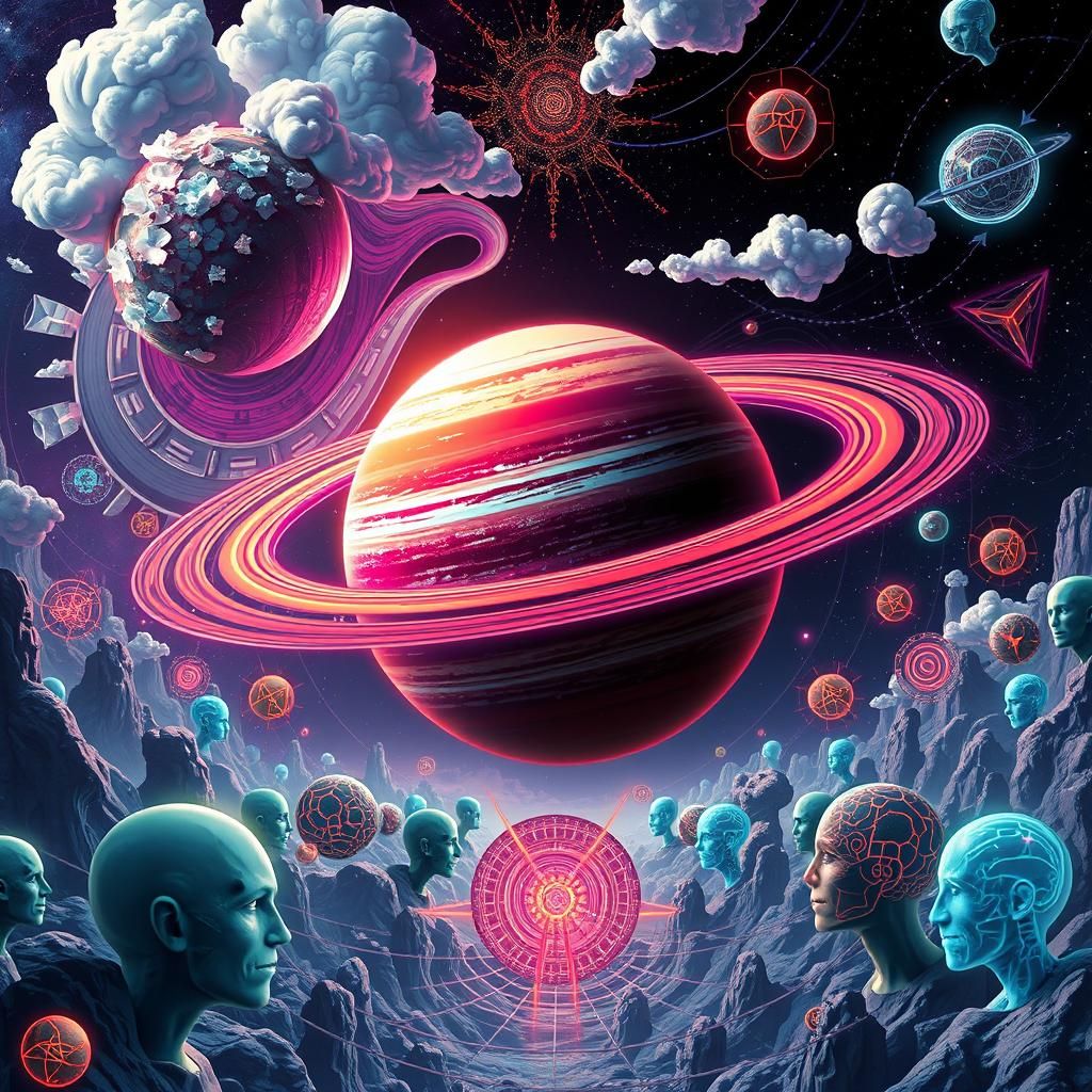 a strange  ringed hyper detailed planet , ethereal vortex do...