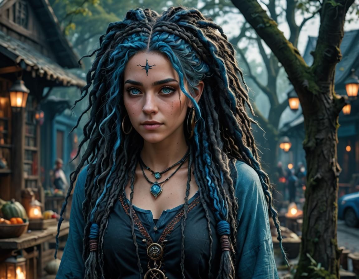 Beautiful Witch with Blue Hair: Fantasy Art