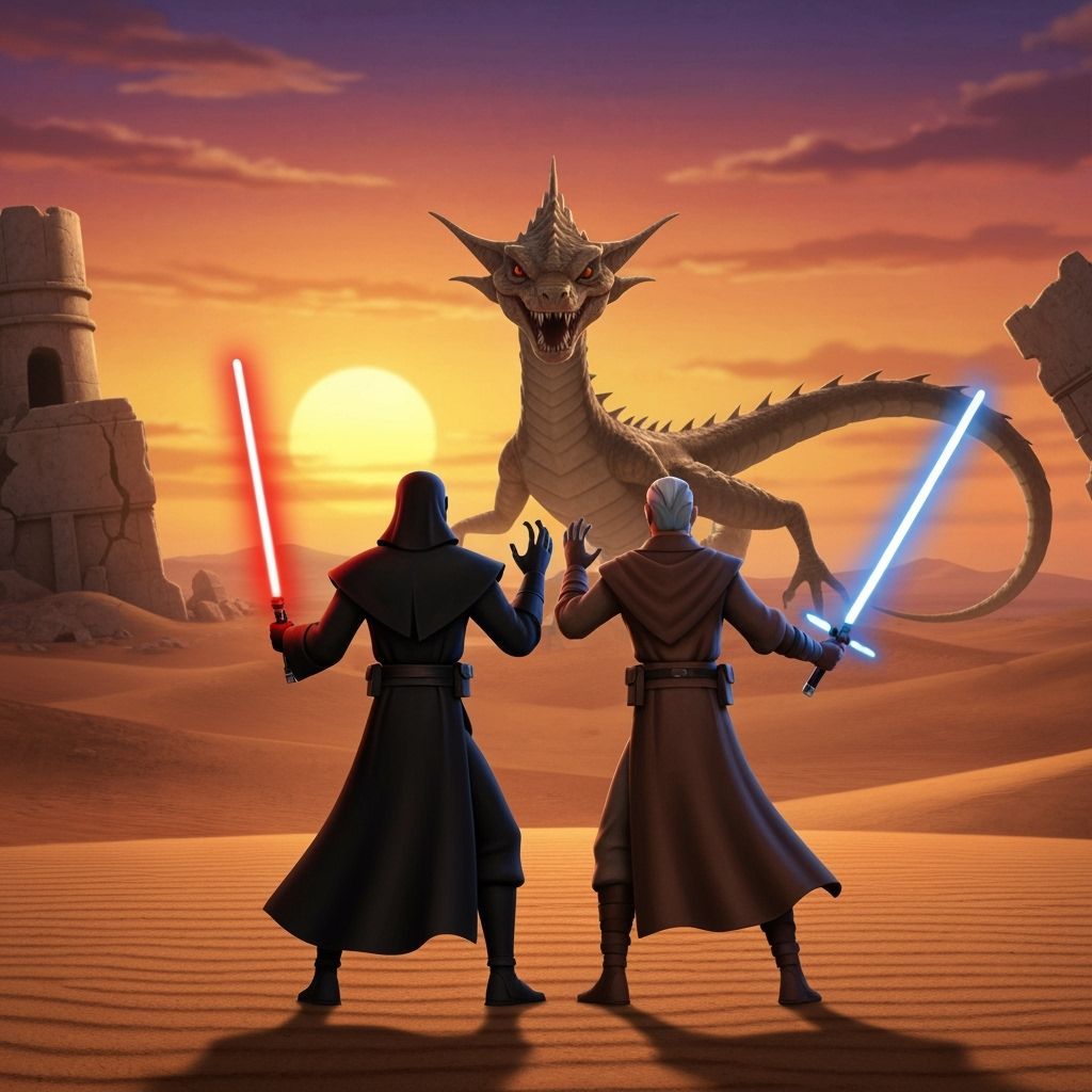 Jedi Knight and Sith Lord Battle Krayt Dragon on Tatooine