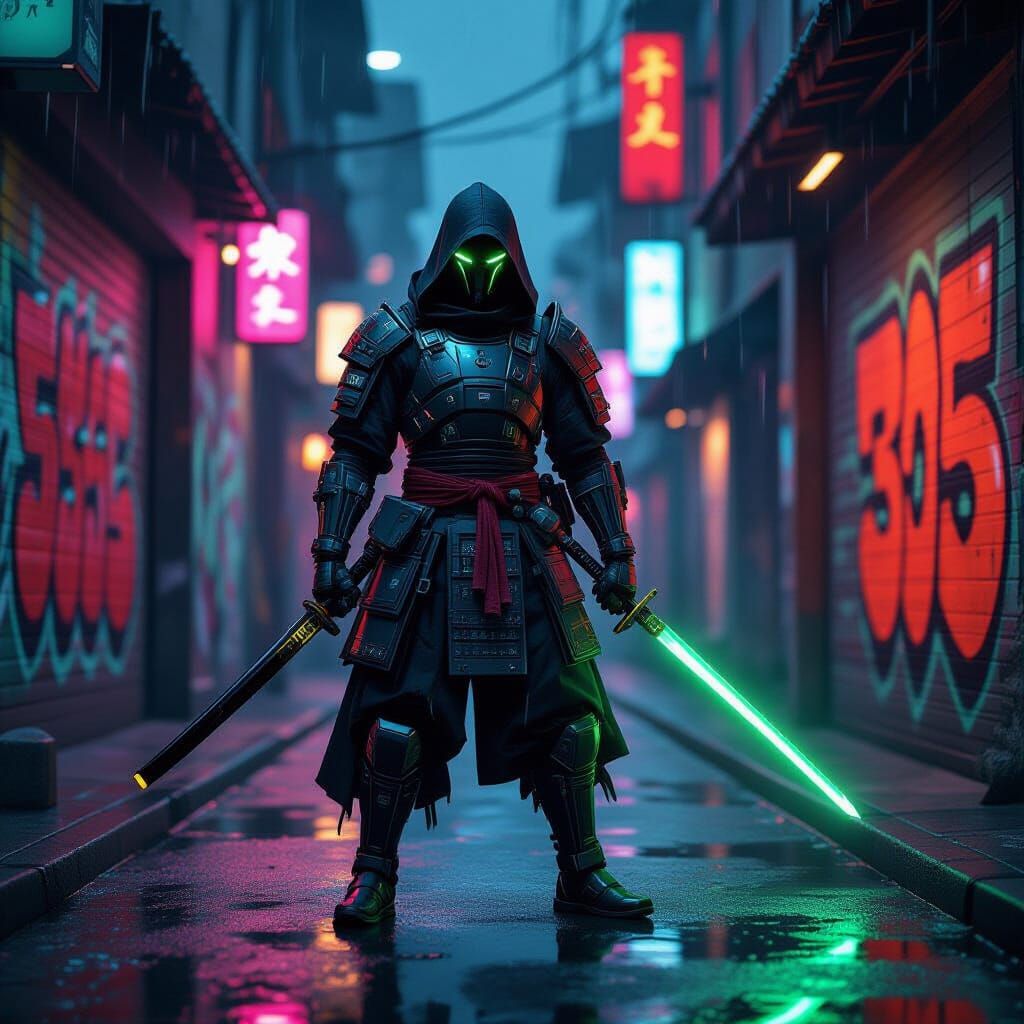 Cyberpunk Samurai Warrior in Neon Alleyway