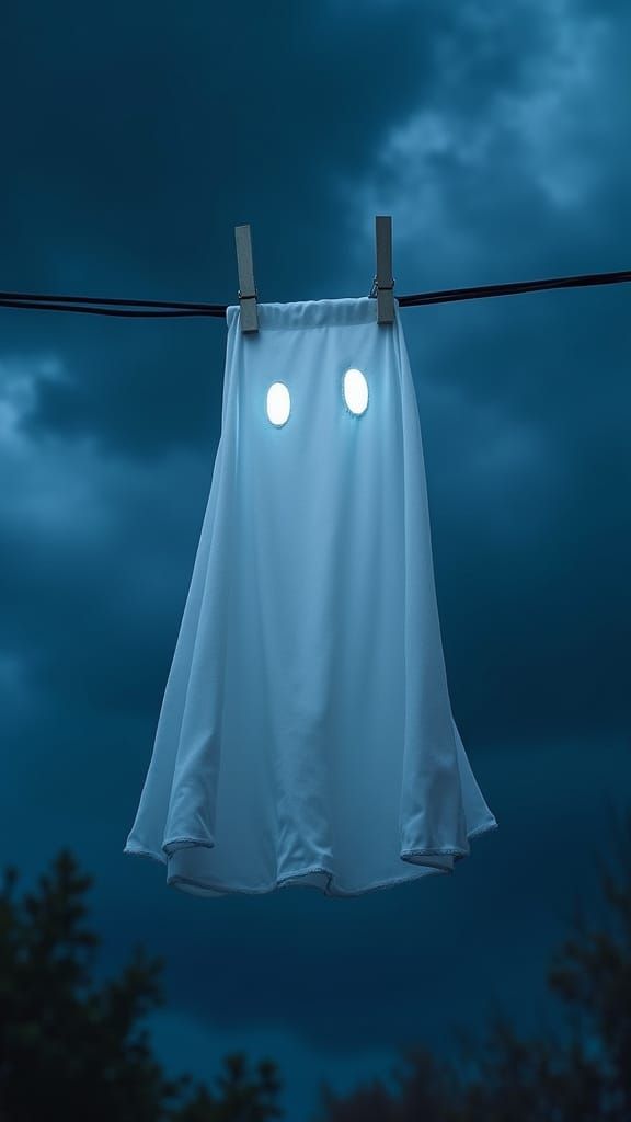 Eerie Bed Sheet Ghost in Stormy Indigo Sky