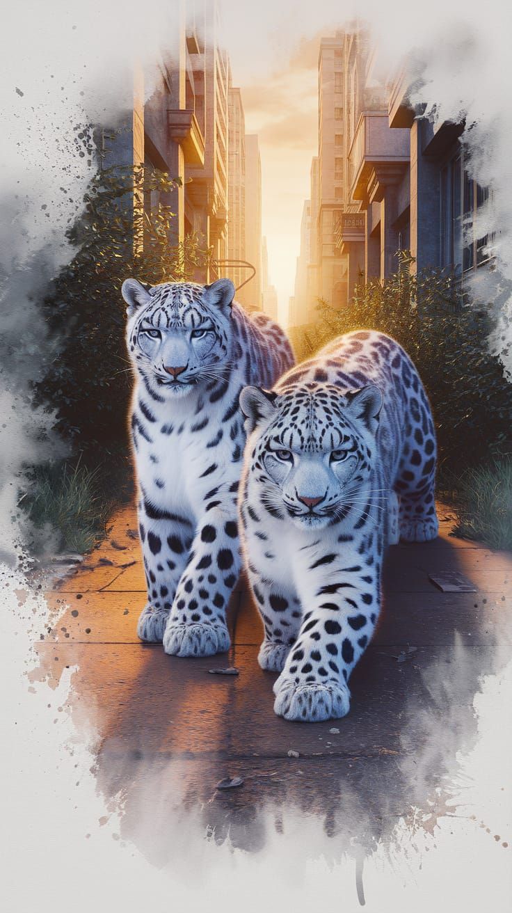 Snow Leopards in Urban Dreamscape: Fantasy Art