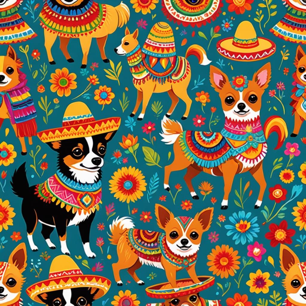 Festive Chihuahua and Llama Celebration in Folk Art Style