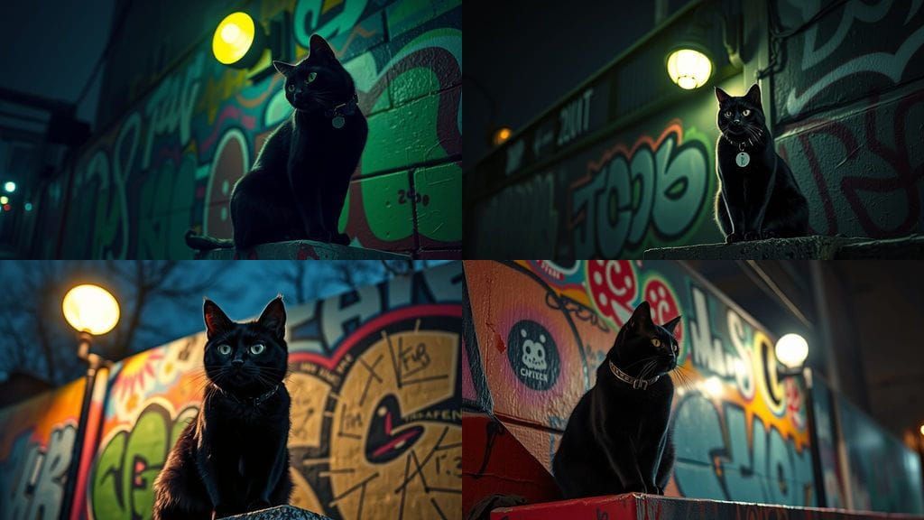 Night Cat on Graffiti Wall in Hyperrealistic Style