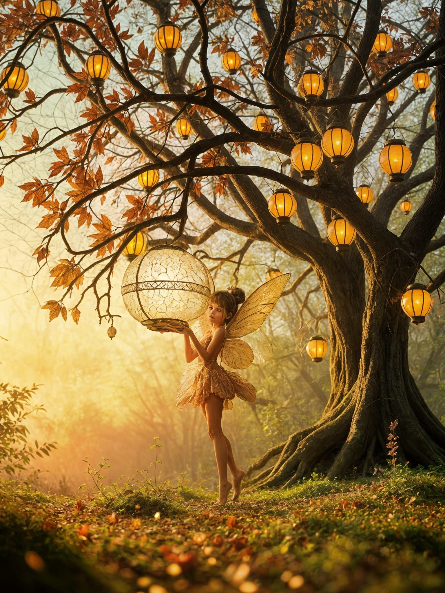 Magical Fairy with Lantern in Forest Clearing