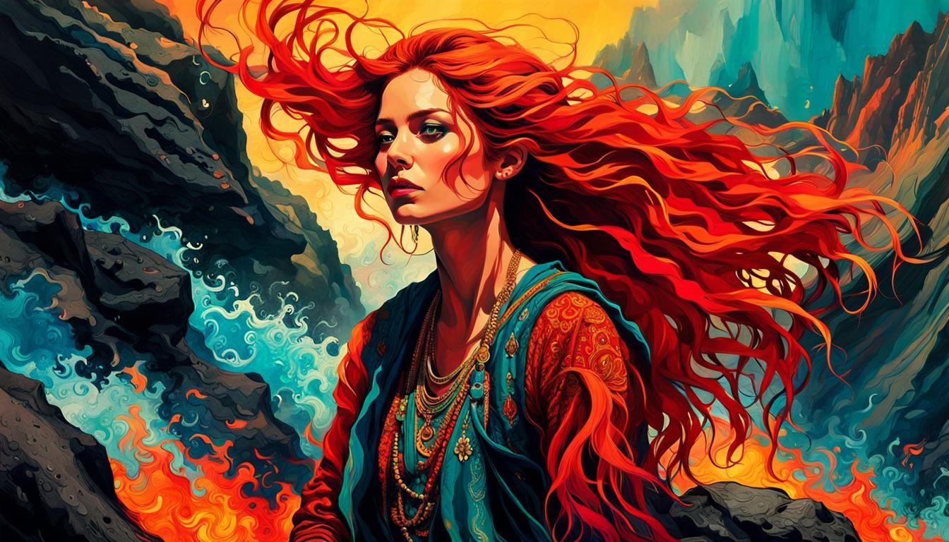 Hippie Rides Lava Boulder: Vibrant Digital Illustration