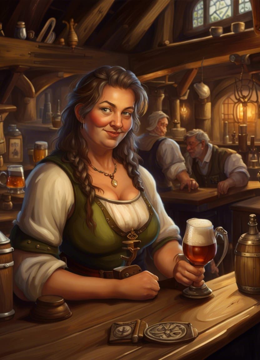 Charming Innkeeper Offers Ale in Medieval Tavern