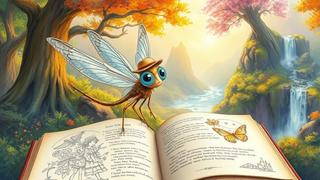 Dragonfly Girl on Book in Imaginative Realism Style