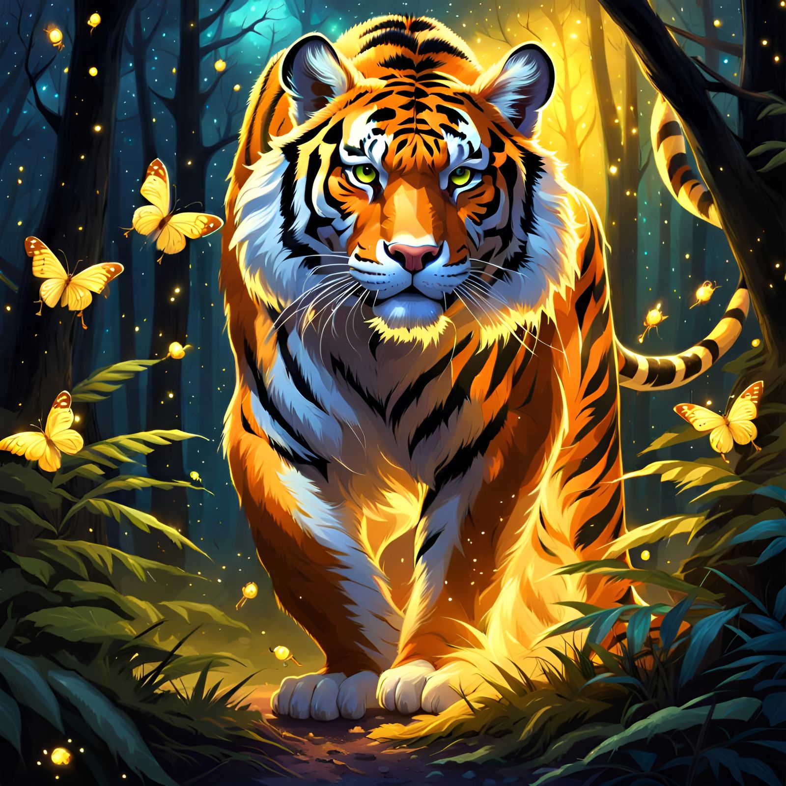 Glowing Transparent Tiger Attacks in Magic Forest