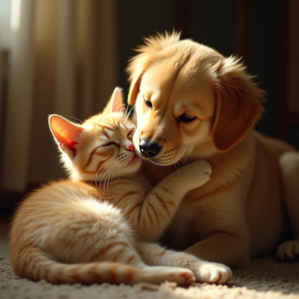 Heartwarming Cat and Dog Embrace in Golden Light