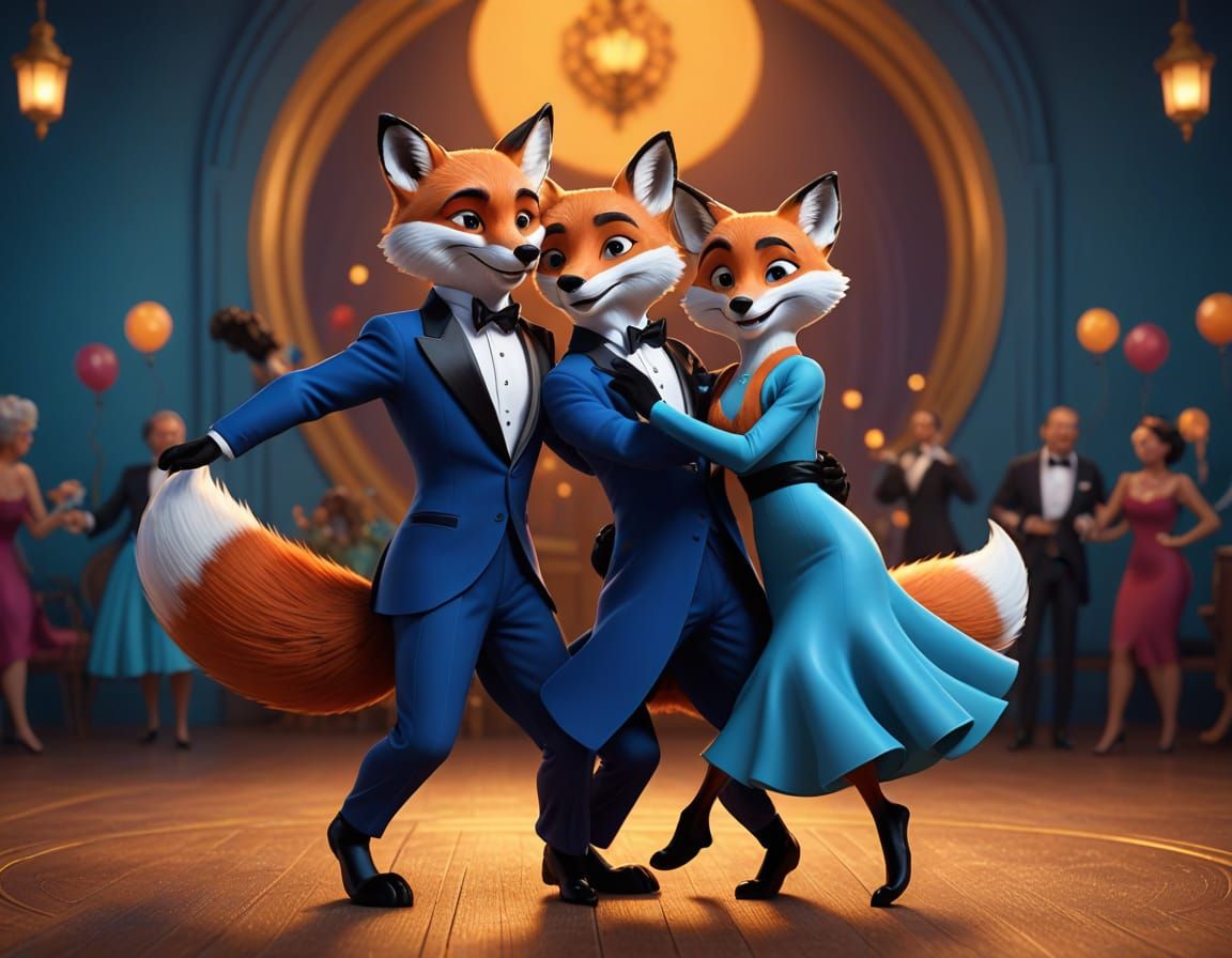 Cartoon Fox Couple Dances Tanguerously in Vibrant Style