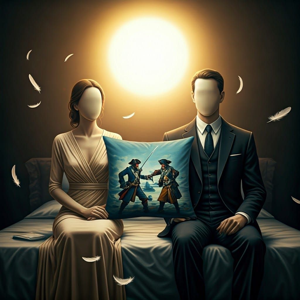 Surrealist Pillow Scene with Swashbuckling Figures