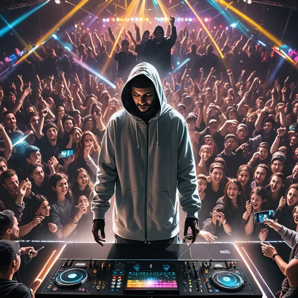 Hooded DJ Performing on Stage in a Matte Painting