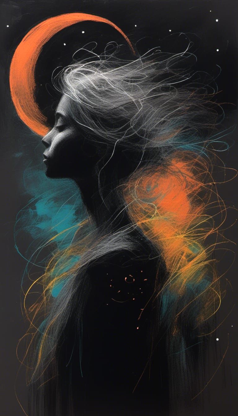 Moon Glowing Queen Portrait in Charcoal and Gouache