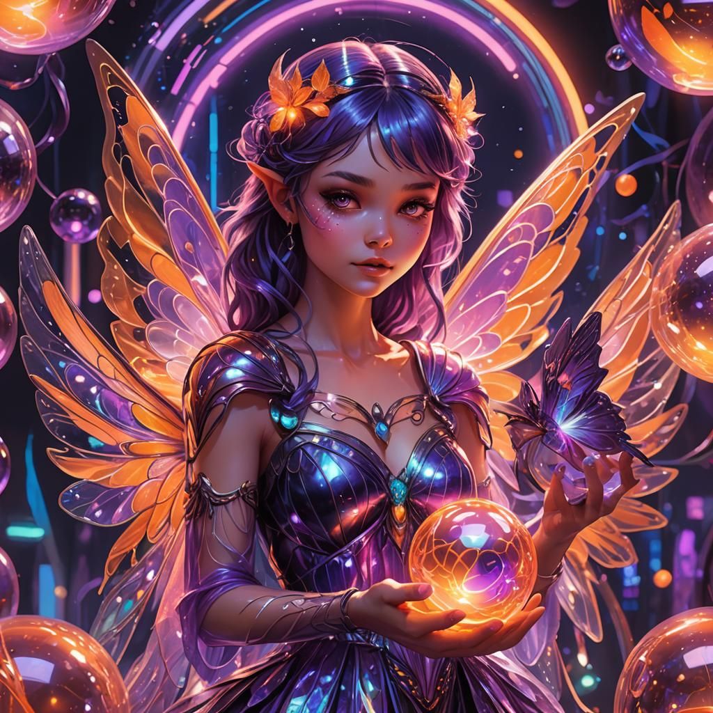 Holographic Fairy with Glowing Orb in Sci-Fi Art