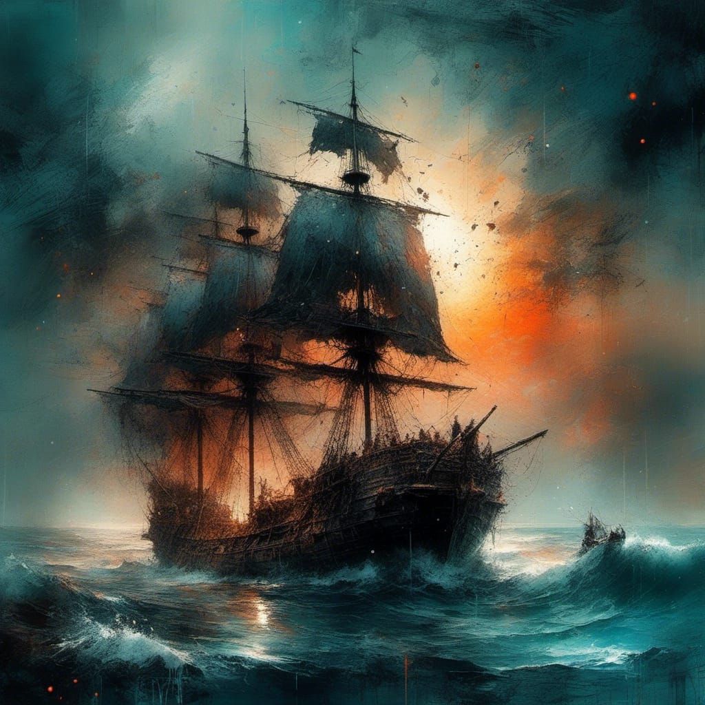 Epic Seascape Galleon Ship at Sunset